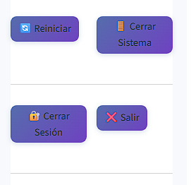 Controles de sesión del menú lateral: botones Reiniciar, Cerrar Sistema, Cerrar Sesión y Salir
